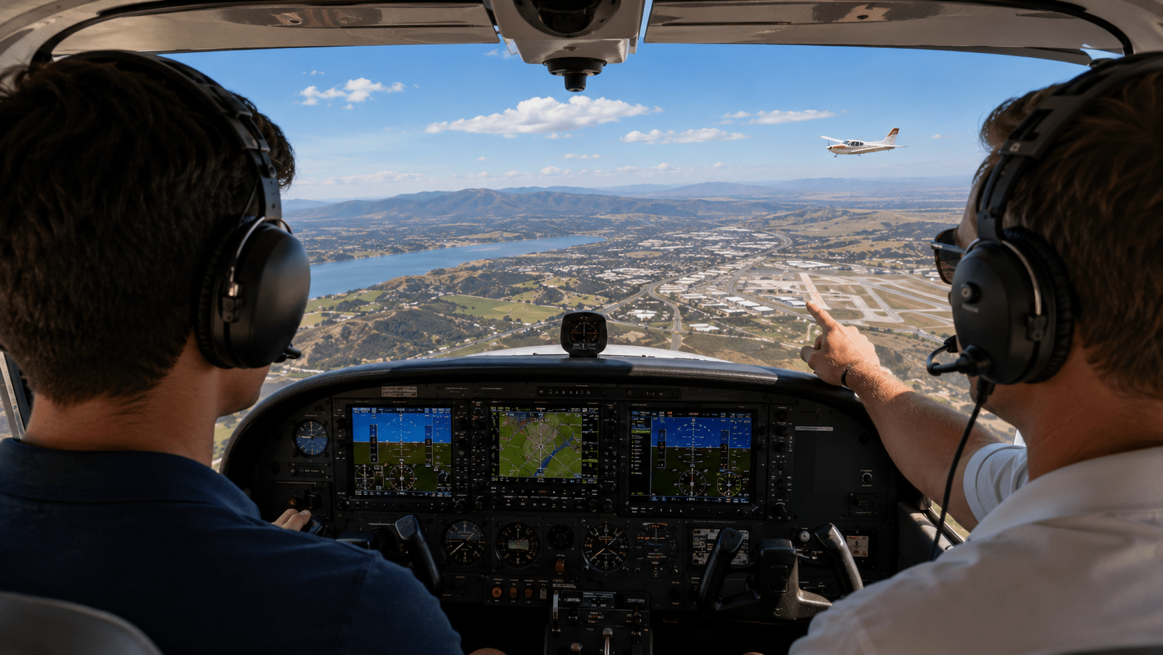 Student pilot and instructor flying over Los Angeles