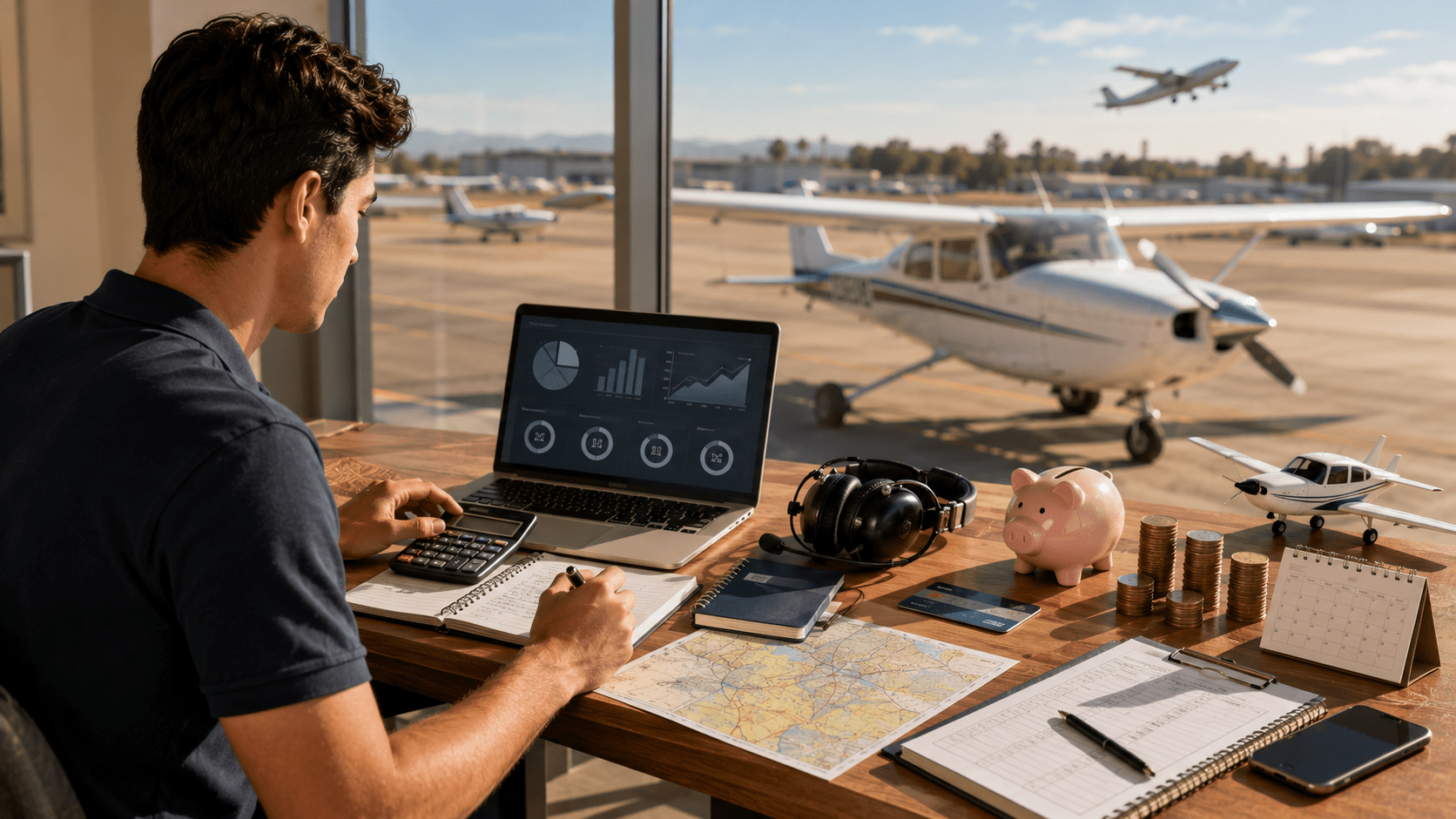 Student pilot using a tablet for flight planning